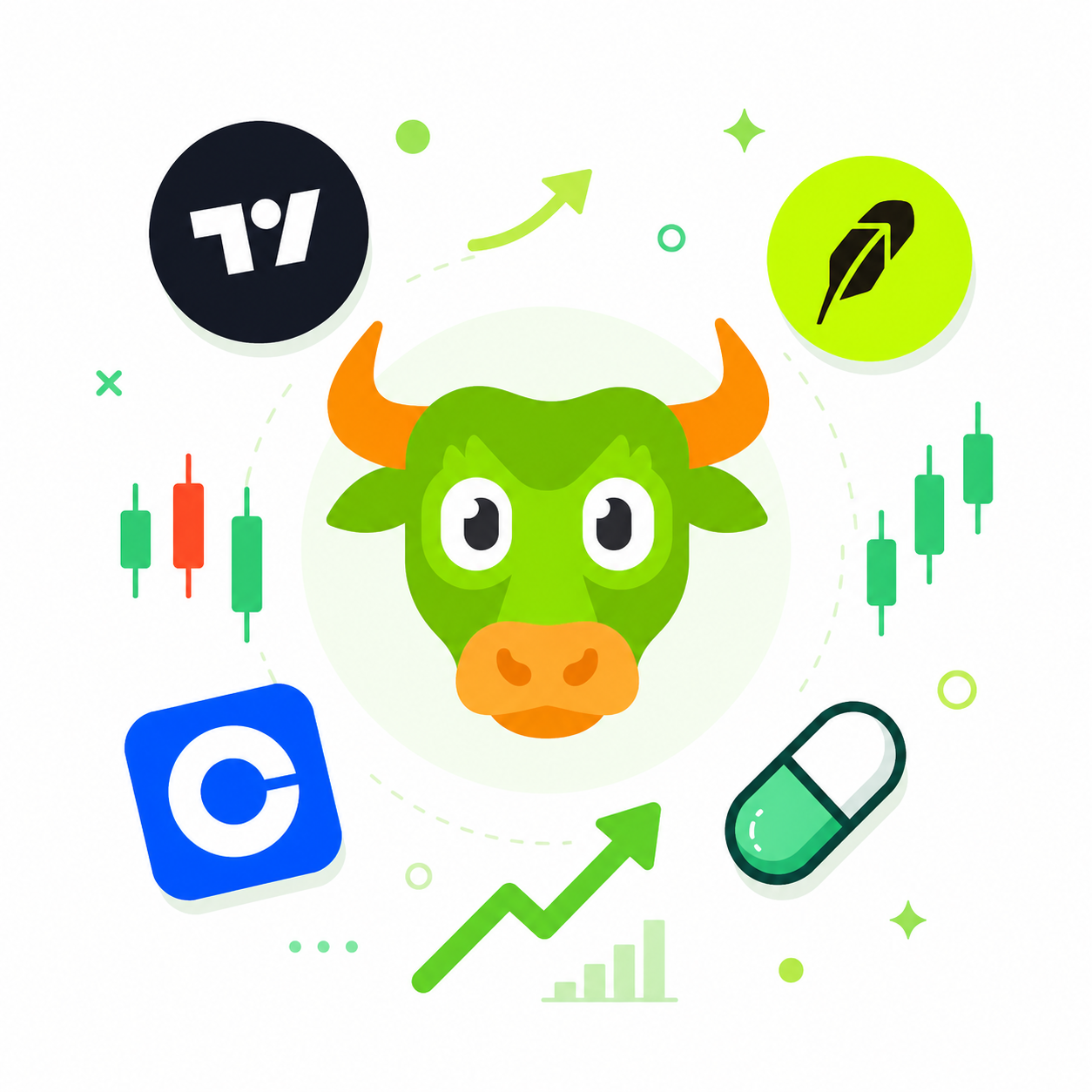 Trading bull mascot with charts, exchanges and memecoin energy